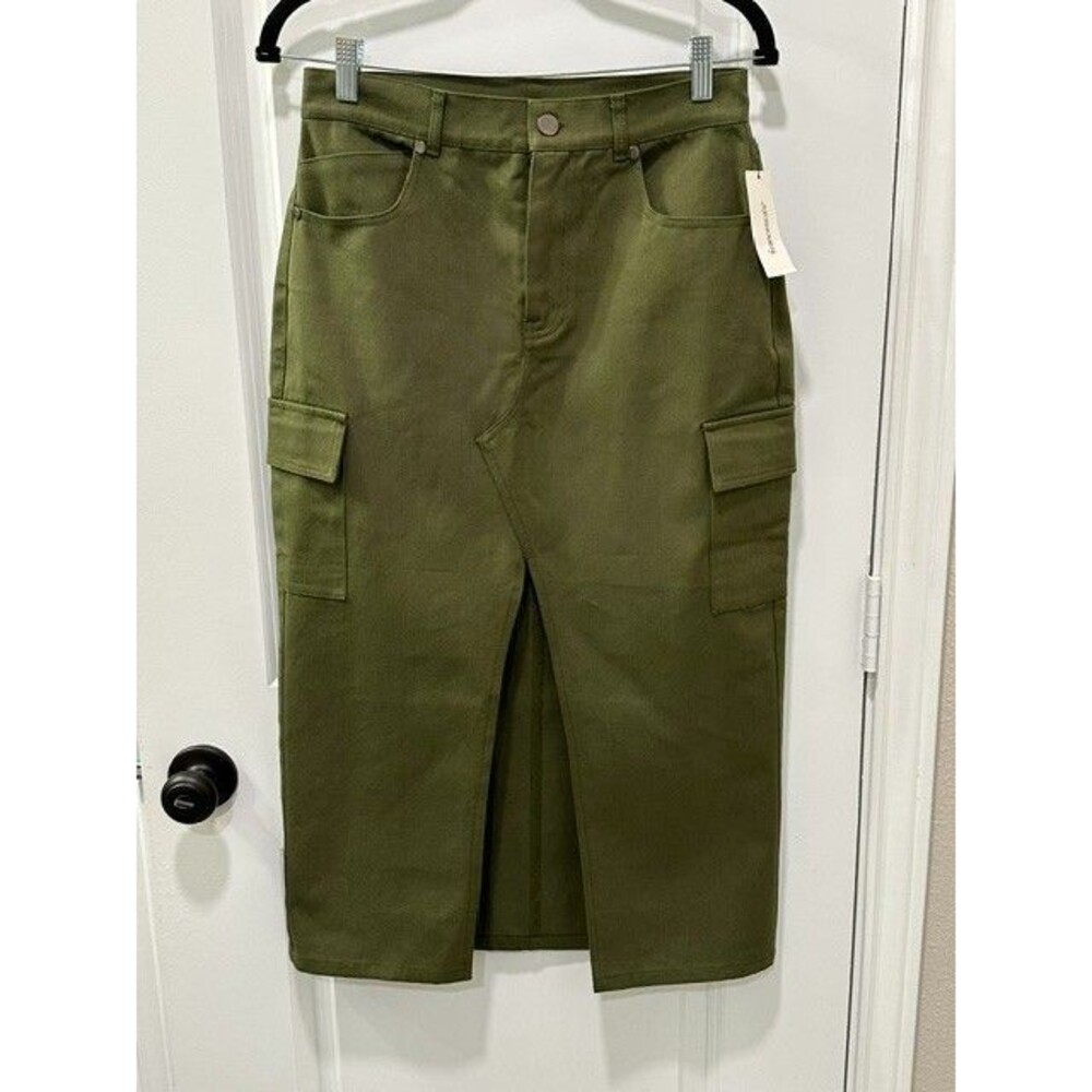 NWT Francesca's Blue Rain Cargo Midi Skirt Womens Small Olive Army Green Cotton
